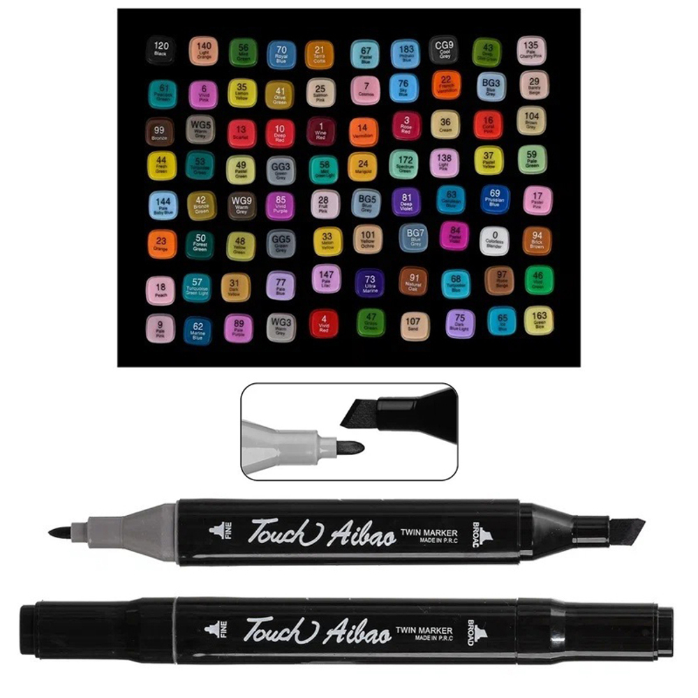 Маркер для скетчинга, двусторонние, Touch Aibao, четырёхгранные, 14 мм, спиртовые, 80 шт