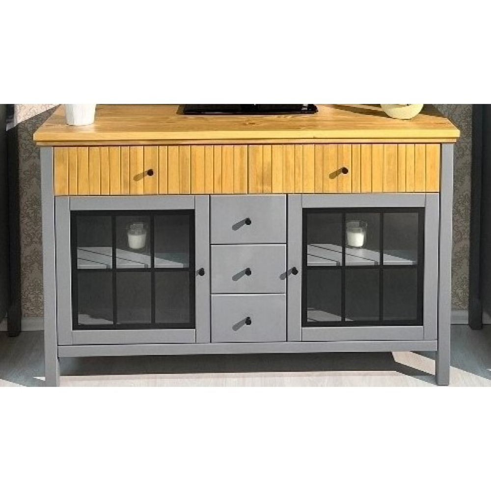 Тумба «Сканди» 2 стеклянные двери и ящики серый 7046/антик