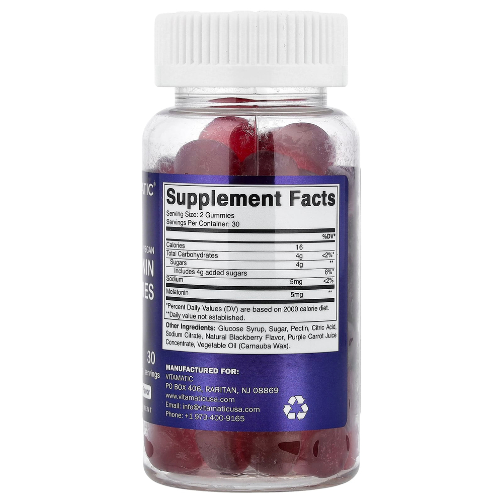 Vitamatic, веганские жевательные таблетки с мелатонином, со вкусом натуральной ежевики, 60 жевательных таблеток (2,5 мг в 1 жевательной таблетке)