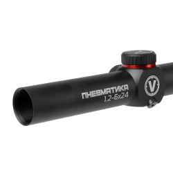 Прицел оптический Veber Пневматика 1.2-6х24 - ближний ракурс с фокусом на логотипе
