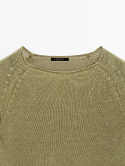 Massimo Dutti Свитер из льняного трикотажа с круглым вырезом, зеленый