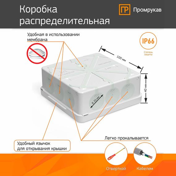 Коробка распределительная для монтажного пистолета 12 вводов серая 100х100х40 Промрукав 60-0303