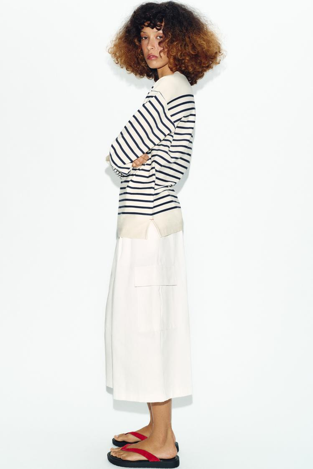 ZARA ХЛОПКОВАЯ ФУТБОЛКА СО СПУЩЕННЫМИ РУКАВАМИ, ПОЛОСКИ