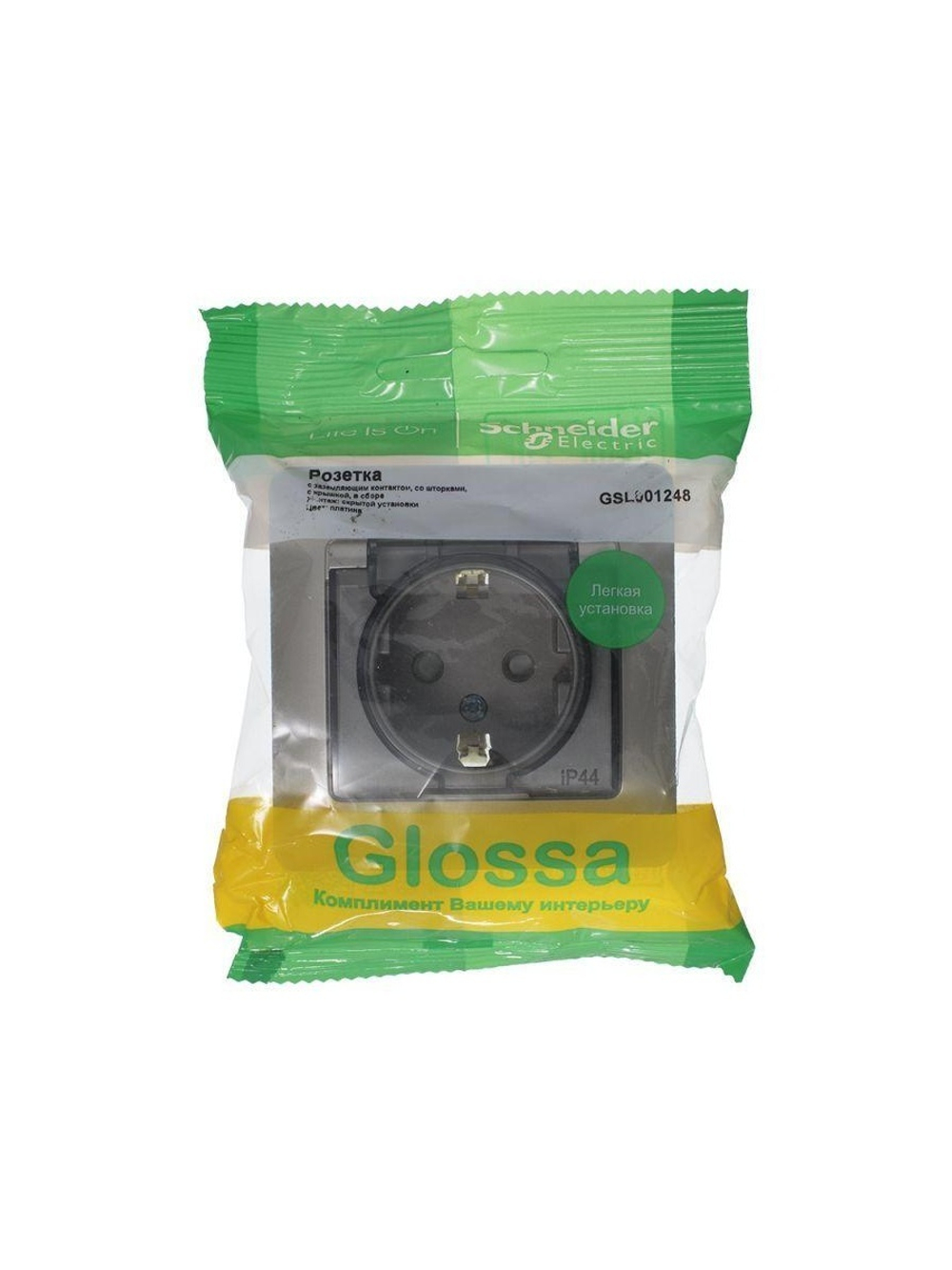 Розетка 1-м СП Glossa 16А IP44 250В с заземл. защ. шторки с крышкой в сборе платина SE GSL001248