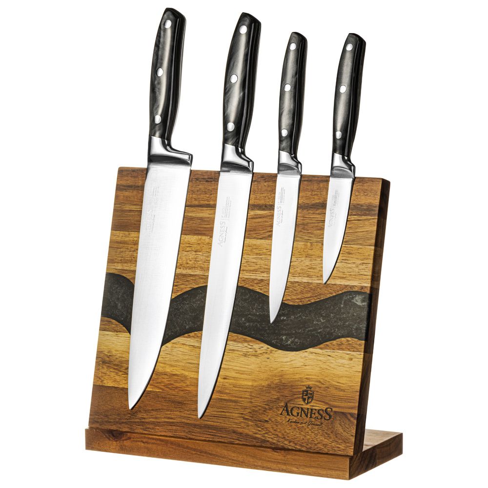 НАБОР НОЖЕЙ AGNESS НА ДЕРЕВЯННОЙ ПОДСТАВКЕ С МАГНИТНЫМ ДЕРЖАТЕЛЕМ, 5 ПРЕДМЕТОВ