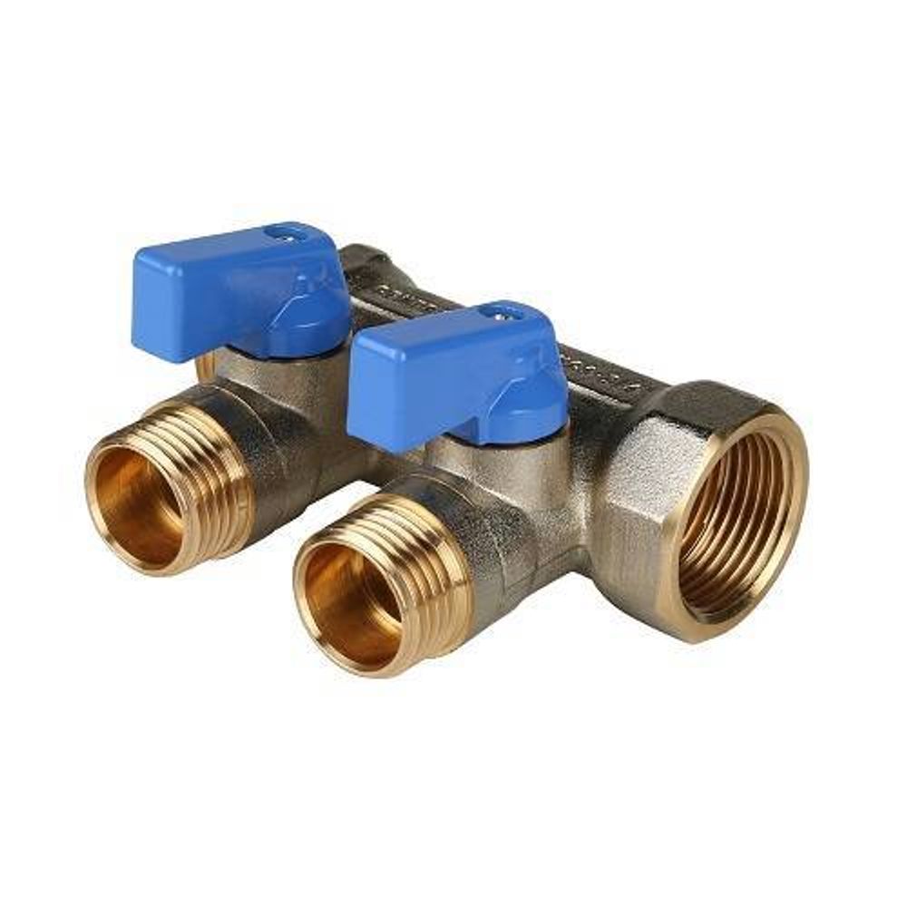 Коллектор запорный проходной STOUT - 3/4&quot; (НР/ВР) на 2 контура 1/2&quot; (НР, ручки синие)