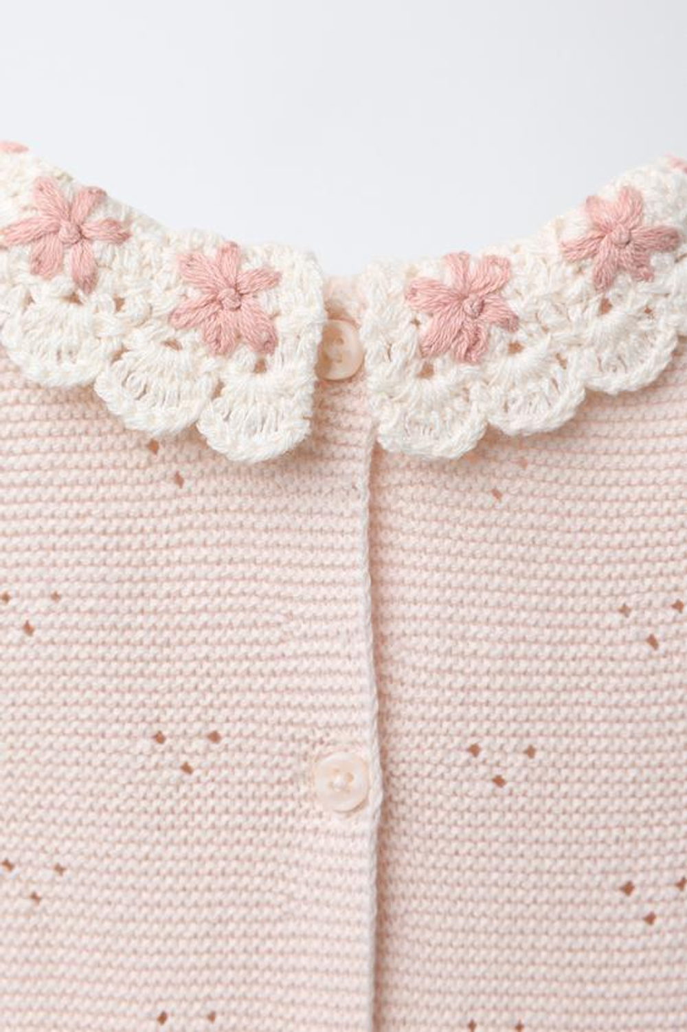 ZARA КОМБИНЕЗОН ВЯЗАНЫЙ, ВОРОТНИК КРЮЧКОМ, ВЫШИТЫЕ ЦВЕТЫ, ТЕЛЕСНО-РОЗОВЫЙ