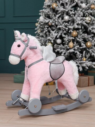 Единорог каталка-качалка AMAROBABY (Juno), с колесами, розовый/серый, 64х35х60 см