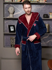 Халат мужской с капюшоном CHAMPIONS Синий/бордовый POLENS Турция