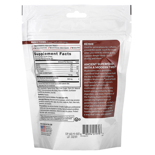 Force Factor, Modern Mushrooms™, рейши, чашка с шоколадом и арахисовой пастой, 30 жевательных таблеток с суперфудами (300 мг в одной жевательной таблетке)