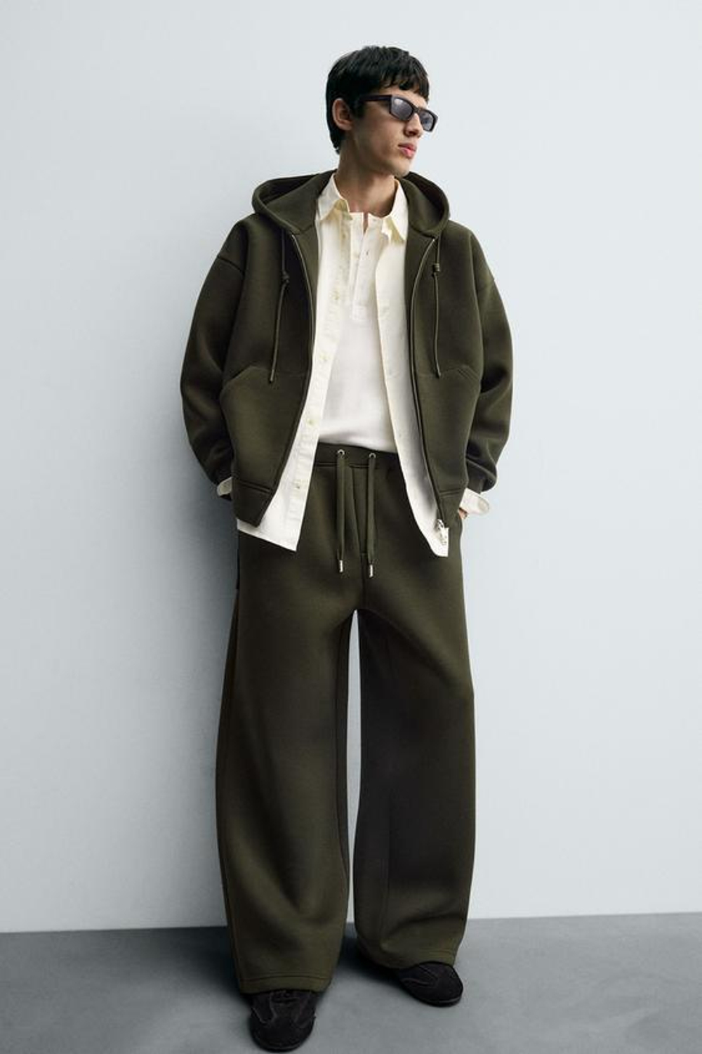 ZARA БРЮКИ INTERLOCK WIDE FIT, ТЕМНО-ЗЕЛЕНЫЙ