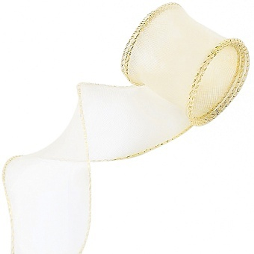 Лента декоративная (4 см*9,14 м) Органза с леской Золотая кайма Кремовый