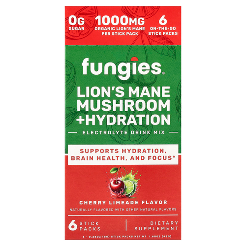 Fungies, ежовик гребенчатый, гриб, гидратация, смесь для приготовления электролитического напитка, вишневый лаймад, 6 пакетиков по 8 г (0,28 унции)