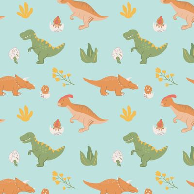 Милые улыбающиеся динозавры с детьми и цветами