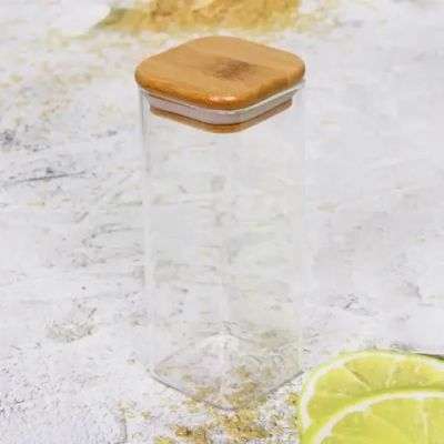 Банка для продуктов стеклянная 400мл «Хай-Тек» с бамбуковой крышкой, квадратная 6*15см