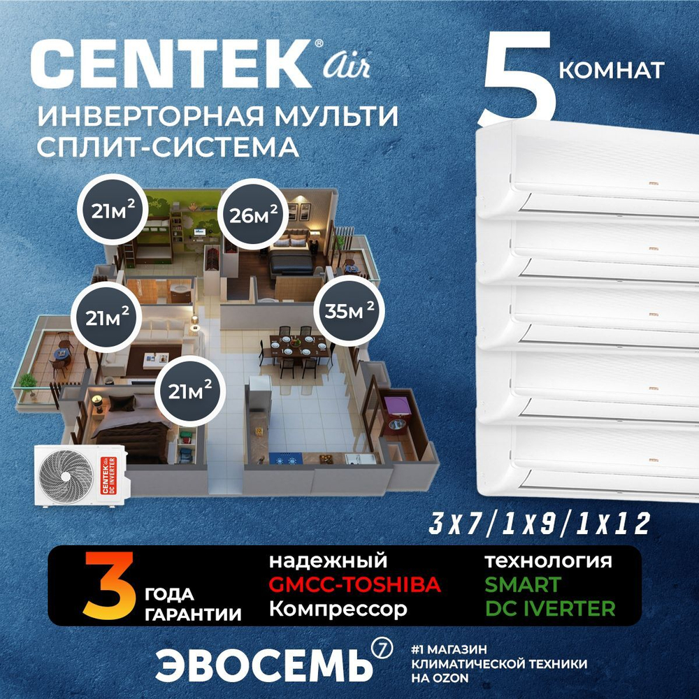 Инверторная мульти сплит-система CENTEK на 5 комнат (21м2x3+26м2+35м2) CT-66AM2-H42/AMWMH07x3+09+12