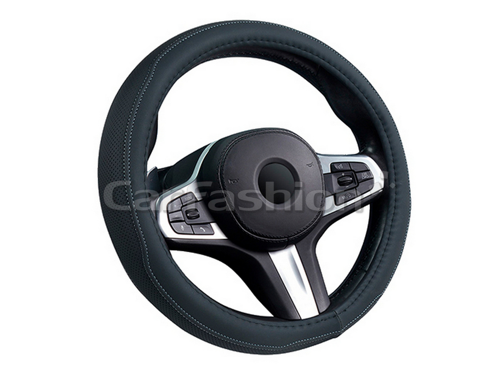 Оплетка на руль круглая CarFashion -М- «DERBY» 31631 - Экокожа - чёрный перф/шов серый