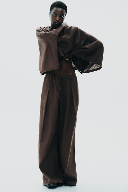 ZARA БРЮКИ ИЗ ЛЬНА, КОРИЧНЕВЫЙ