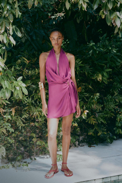 ZARA МИНИ-ПЛАТЬЕ ХАЛТЕР С УЗЛОМ, БАКЛАЖАННЫЙ