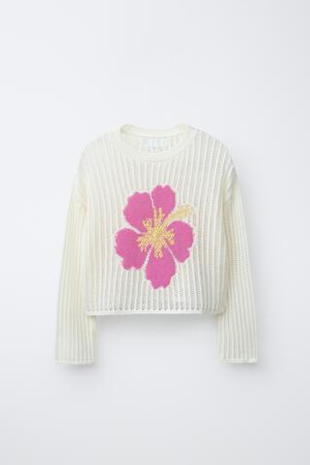 ZARA СВИТЕР С ЦВЕТКОМ ГИБИСКУСА, ЭКРЮ