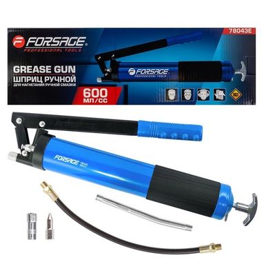 Шприц для нагнетания густой смазки ручной 600мл в комплекте с жестким(L-170мм) и гибким(L-330мм) наконечником (1шток,''под закладку'') Forsage F-78043E