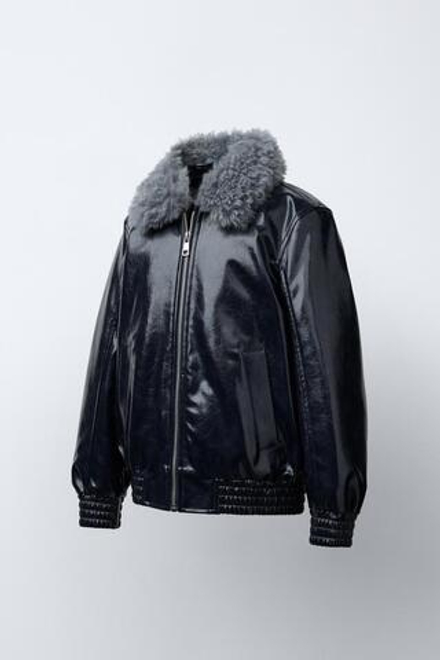 ZARA БОМБЕР С ВОРОТНИКОМ С ИСКУССТВЕННЫМ МЕХОМ, МОРСКОЙ СИНИЙ
