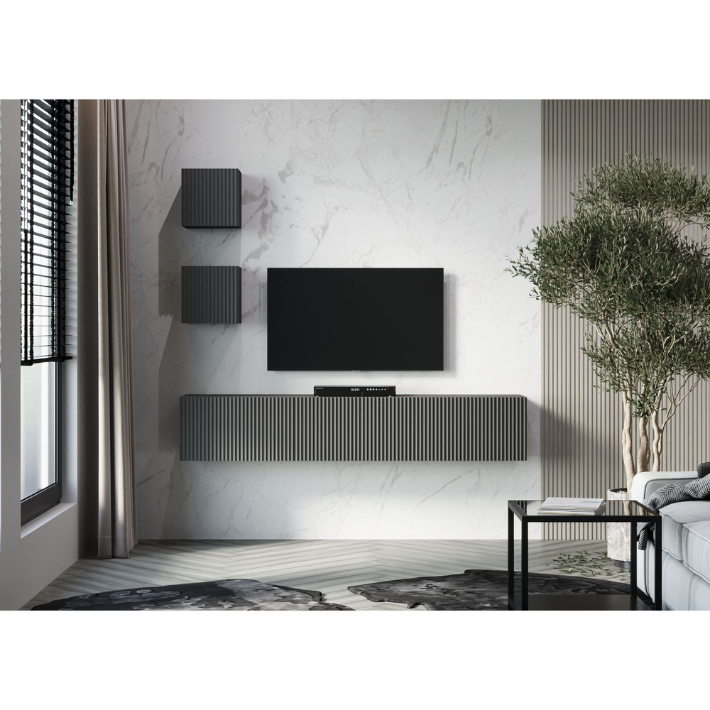 Подвесная тумба под ТВ 240 см белая матовая, МДФ, 4 откидных ящика, минимализм