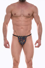 Темно-серые мужские трусы-стринги с разноцветным принтом (Размер: M) (Цвет: темно-серый)