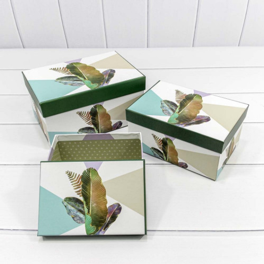 Коробка 22х15х11.5 см Набор 3 шт "Листья" (Белый, Зеленый)