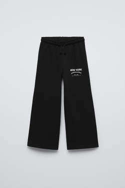 ZARA БРЮКИ WIDE LEG ИЗ МЯГКОЙ ТКАНИ С НАДПИСЬЮ, ЧЕРНЫЙ