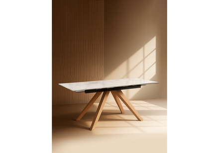 Керамический стол Woodville Морсби 140(200)х80х80 statuario cara, дуб монтана