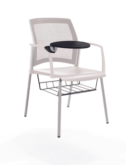 стул Rewind на 4 ногах, каркас серыйй, пластик белый, спинка-сетка, с закрытыми подлокотниками и пюпитром, с подседельной корзиной