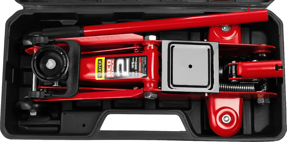 STAYER R-22 RED FORCE, в кейсе, 2 т, 125 - 320 мм, подкатной домкрат для легковых а/м, Professional (43152-2-K)