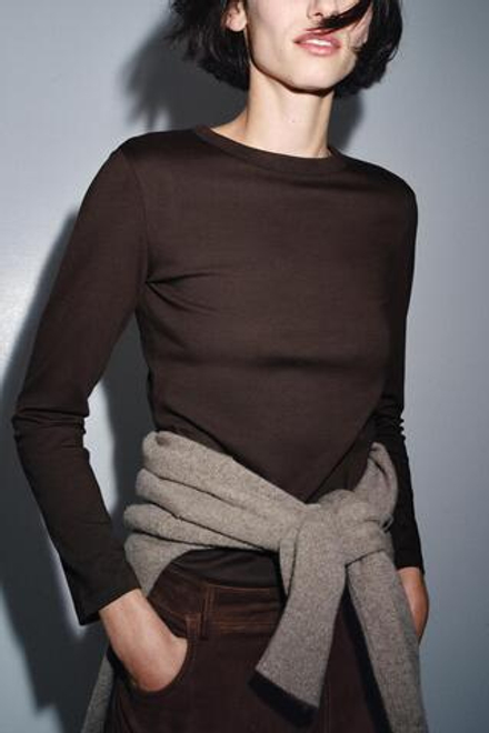 ZARA ФУТБОЛКА INTERLOCK С ДЛИННЫМИ РУКАВАМИ, ШОКОЛАДНЫЙ