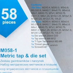 Набор метчиков и плашек метрический 58пр. (М3х0.5/0.6, М3.5х0.6, М4х0.7/0.75, М5х0.8/0.9, М6х0.75/1, М7х0.75/1,М8х1/1.25, М10х1.25/1.5, М12х1.25/1.75) Scheppach Sch-M058-1