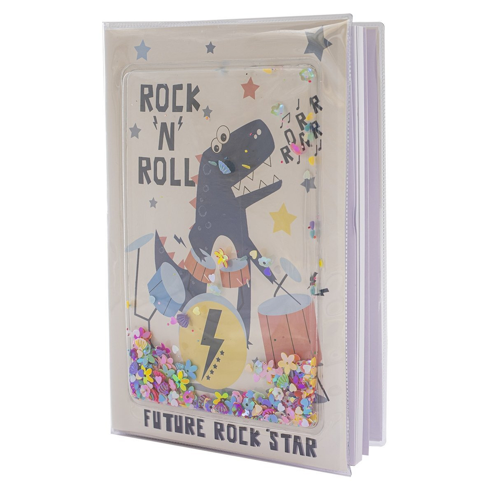 Записная книжка 14 см * 20,5 см, 7БЦ, Alingar, мел. обложка, обложка-аквариум с блестками, 80 л., линия, "Динозаврик"