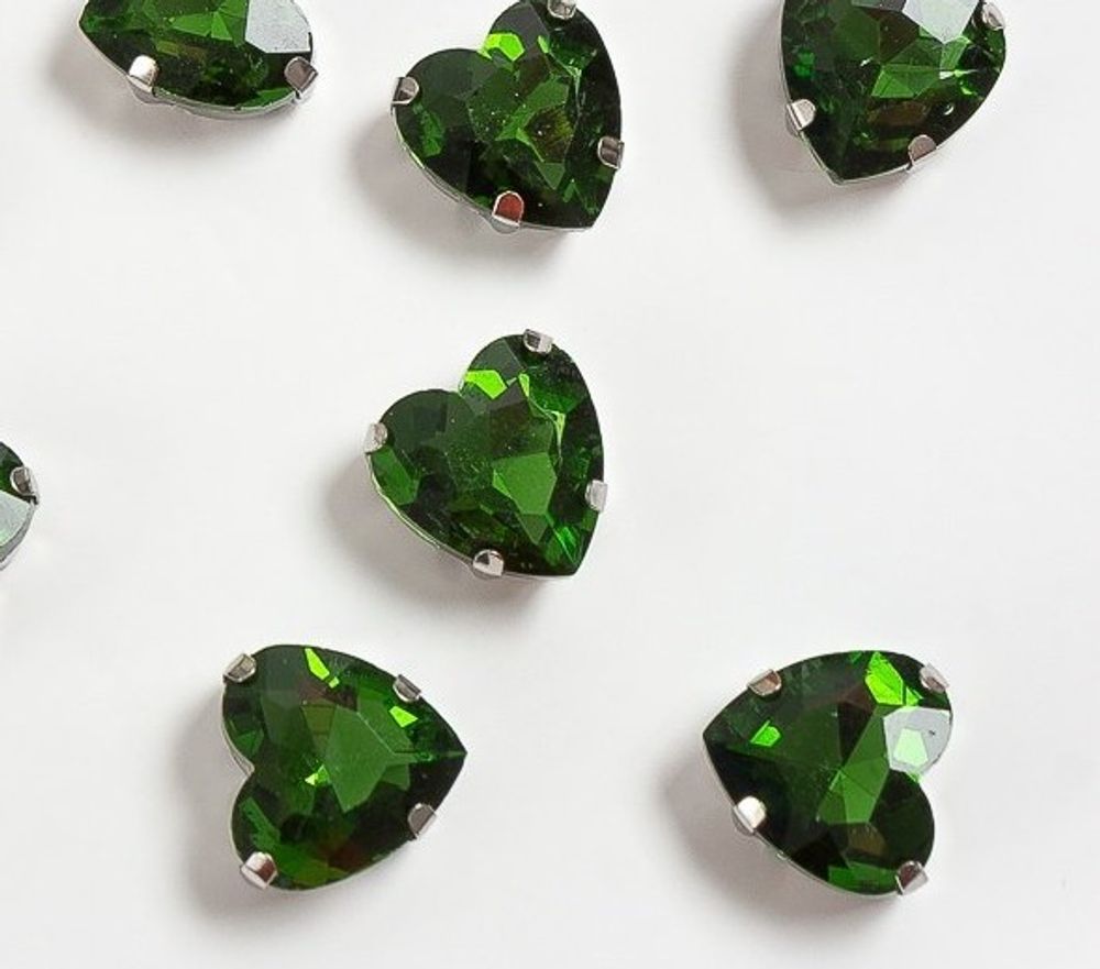 Стразы пришивные стекло в оправе "Сердечко", р. 12 мм, зелёный