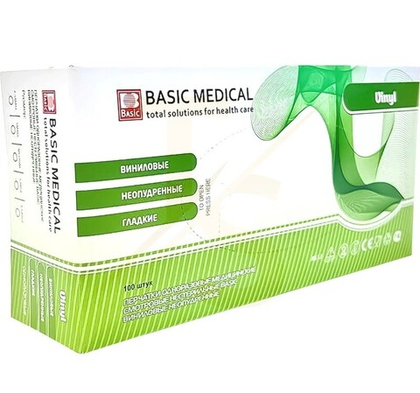 Виниловые перчатки, неопудренные, гладкие, смотровые нестерильные, BASIC MEDICAL, 100 шт./уп.