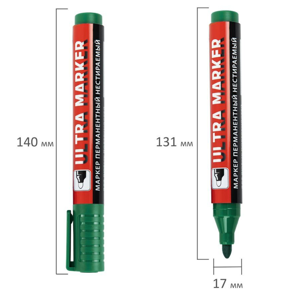 Маркер перманентный ULTRA MARKER, ЗЕЛЕНЫЙ, 3,5 мм, с клипом, BRAUBERG, 152207