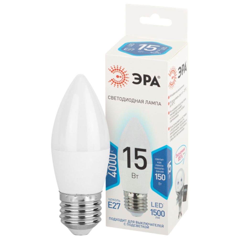 Лампа светодиодная ЭРА STD LED B35-15W-840-E27 15Вт свеча нейтральный белый свeт Е27