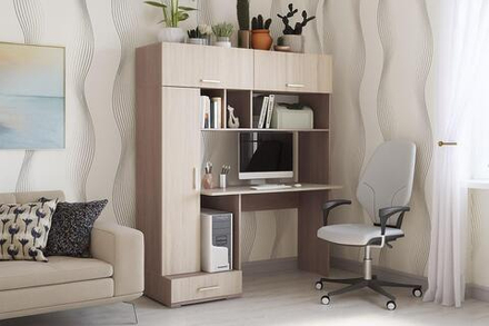 Стол компьютерный с ящиками и полками Ясень Шимо тёмный/Ясень Шимо светлый 150х57х180 см