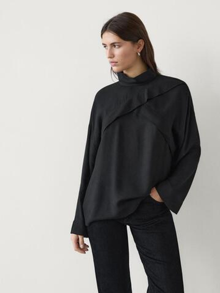 Massimo Dutti Рубашка с воланом на воротнике, черный