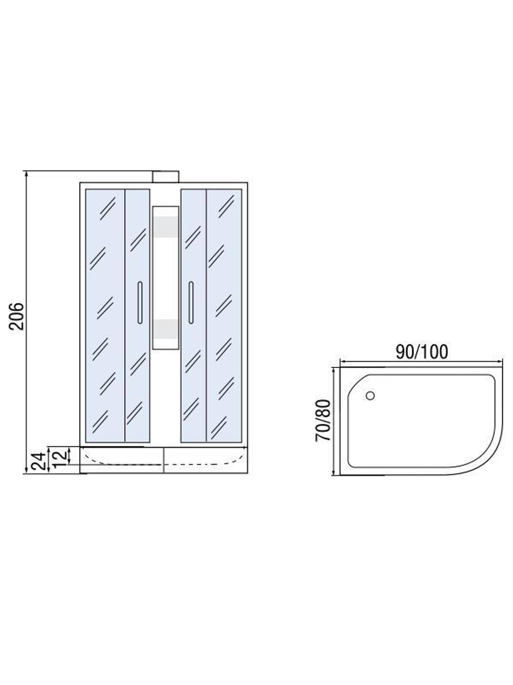 Душевая кабира  МОНОМАХ 10000005773 100/80/24 МЗ L, б/крыши, 1000х800х2060, асимметричная