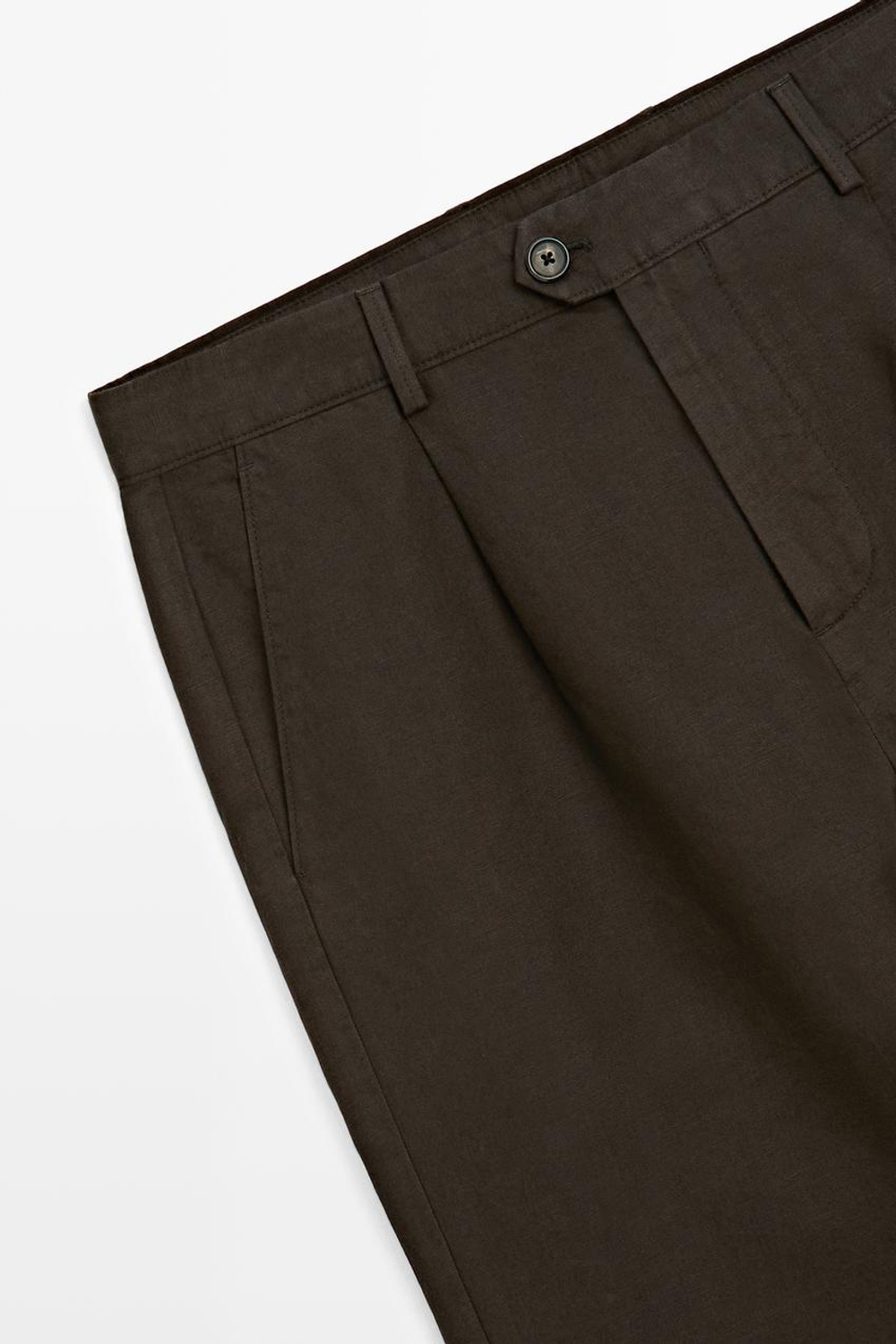 Massimo Dutti Прямые брюки из льна и хлопка с вытачками, коричневый