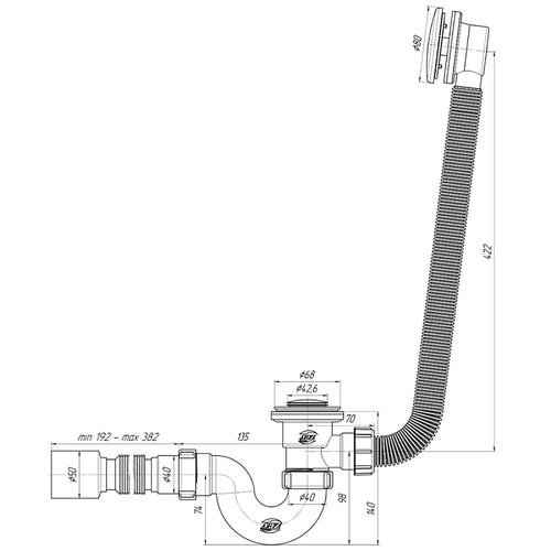 Слив-перелив для ванны АНИ Пласт автомат трубный клик-клак 1 1/2"х40 с гофрой 40/50 с сеткой (EC155S)
