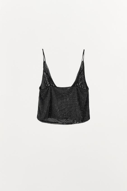 ZARA КРОП-ТОП ИЗ ПОЛУПРОЗРАЧНОЙ ТКАНИ СО СТРАЗАМИ, ЧЕРНЫЙ