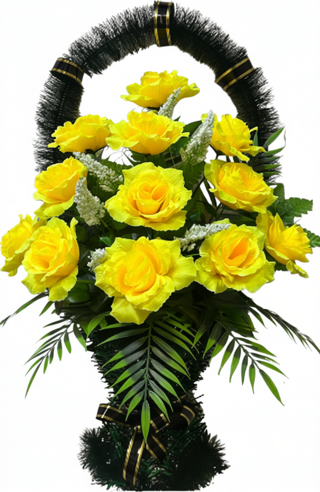 Корзина из искусственных цветов: ярко-желтые розы, белые цветы-наполнители и зеленая листва, оформленная черной лентой с золотой каймой. Корзина из искусственных цветов: ярко-желтые розы, белые цветы-наполнители и зеленая листва, оформленная черной лентой с золотой каймой.