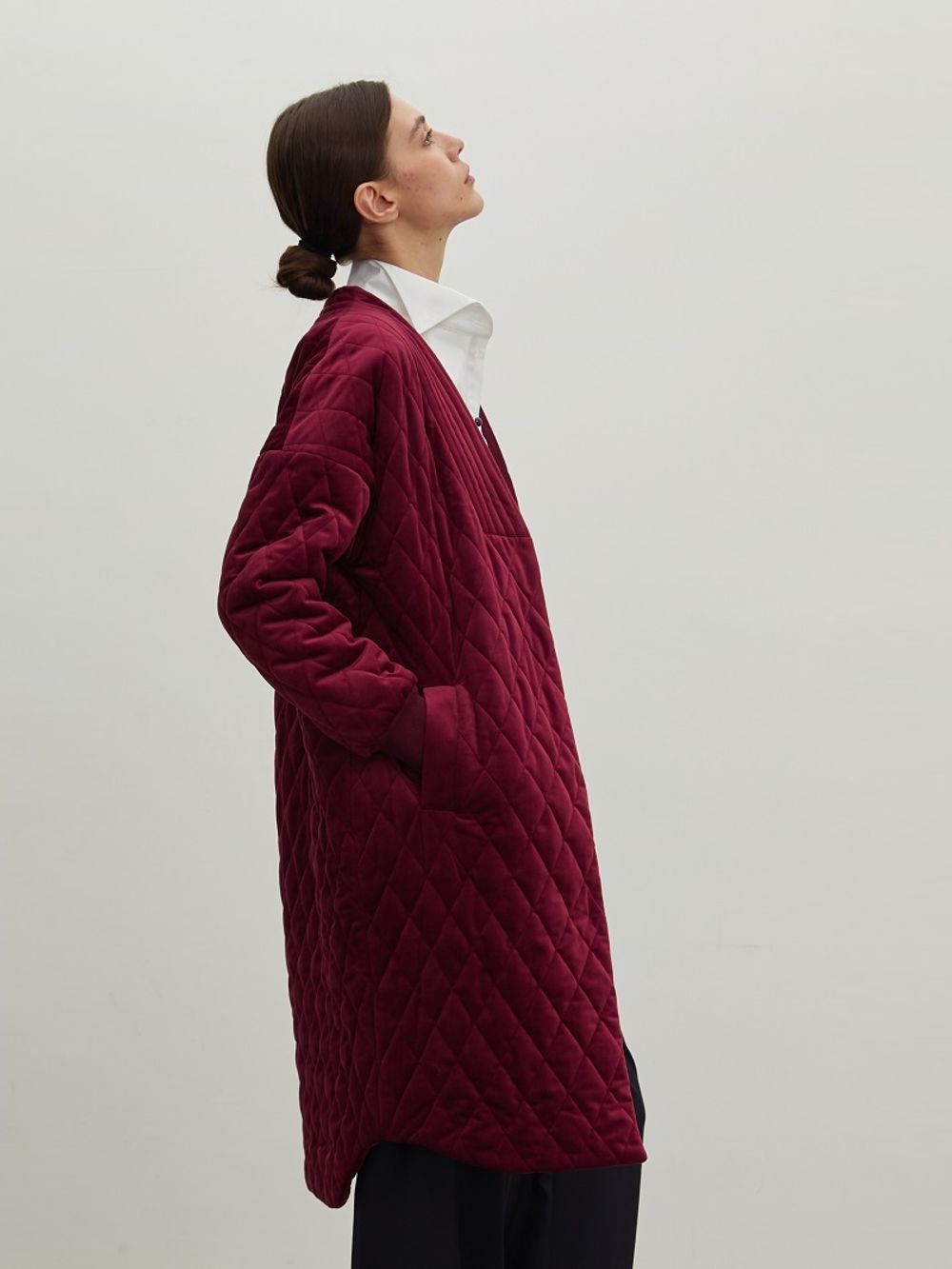 Пальто дизайнерское винный бархат