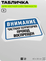 Табличка для частной территории "Внимание, частная территория, проход воспрещен", на дом, для участка и организаций, предупреждающая, 40х30 см, Silver Plane x Айдентика Технолоджи