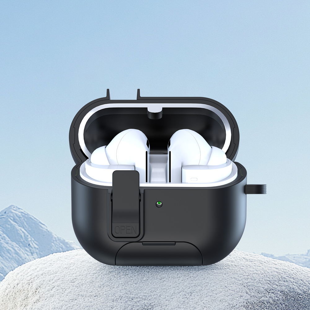 Усиленный чехол черного цвета для наушников Samsung Buds3, 3 Pro и 3 FE, серия SECQ Series (с подставкой и карабином) от Dux Ducis